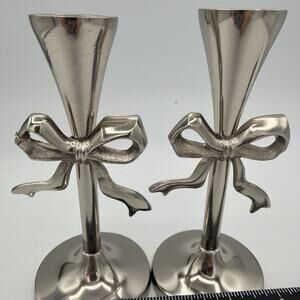 Coquette Silver Metal Bow Taper Candle Holders Ribbon Bridal Shower Wedding New